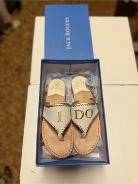 Jack Rogers White Sandals with Gold 'I DO' Accent